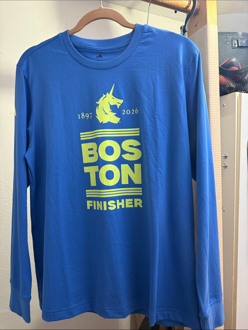 adidas Blue Long-Sleeve Boston Finisher Shirt with Neon Yellow Graphic